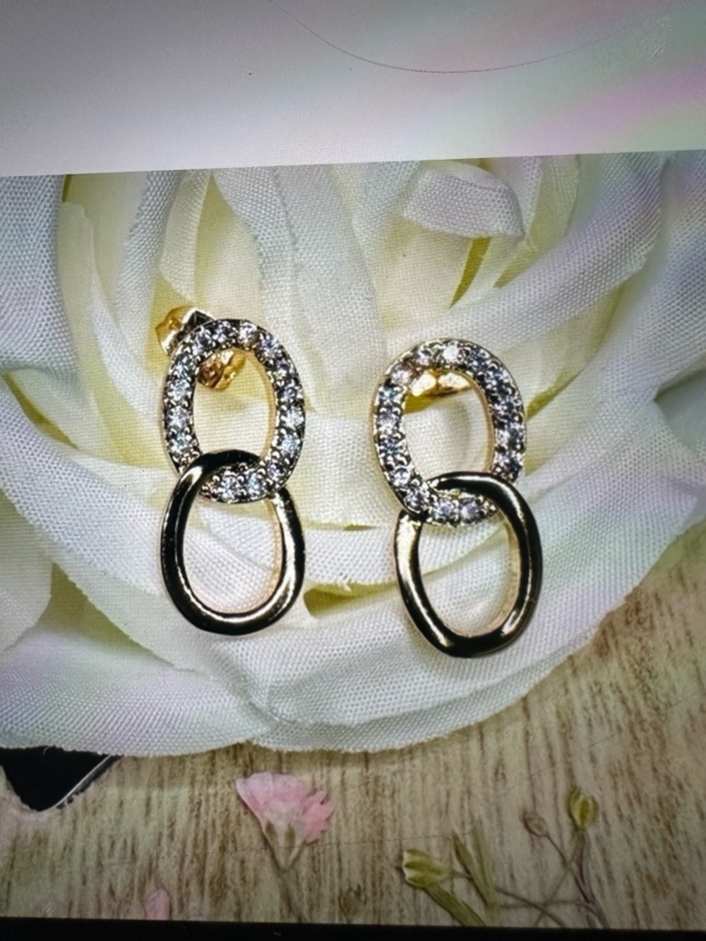 18K Gold Plated CZ Double Circle Stud Earrings | Linked Drop Style NWT